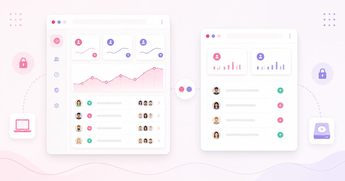 Soft browser dashboard comparison showing Instagram follower tracking, scan history, local storage, and privacy cues